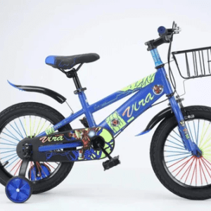 VLRA VDV02 16/18 inch kids bicycle in black, blue, and orange with training wheels