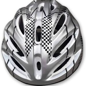 Grey bicycle helmet with black checkered pattern, adjustable straps, and ventilation