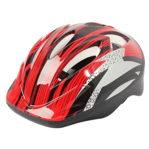Impact-resistant and ventilated cycling helmet in red, black, and white