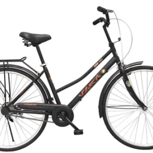 Red VLRA FJ-26 women’s city road bike with 26-inch wheels, 1-speed, disc brakes, and front suspension
