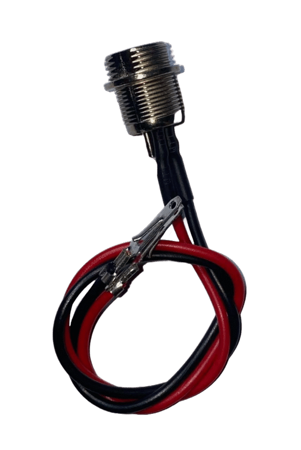 Threaded barrel connector with red and black wires and alligator clips