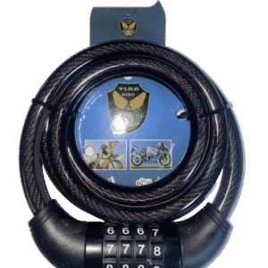 Steel cable lock with black vinyl coating and number combination lock for bikes and scooters
