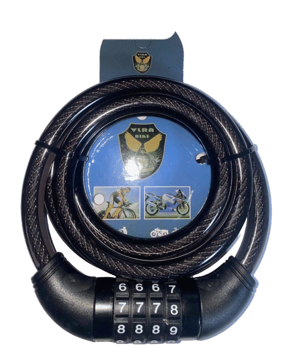 Steel cable lock with black vinyl coating and number combination lock for bikes and scooters