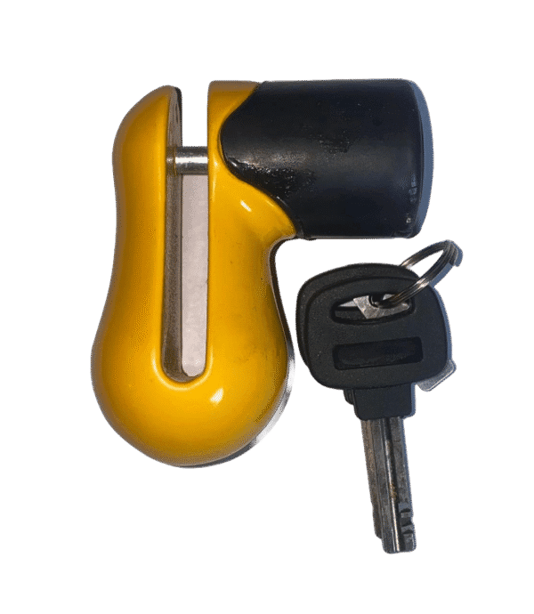 Yellow disc brake lock with two keys for scooter and motorcycle security