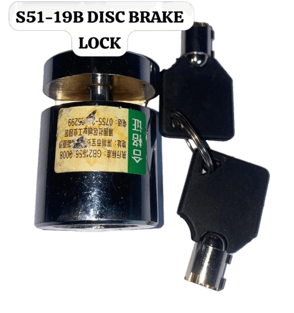 Compact black disc brake lock with two keys for scooters and motorcycles