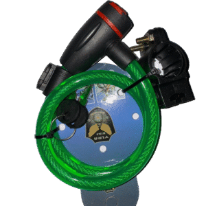 Flexible black cable lock with steel core and key locking mechanism for bikes and scooters