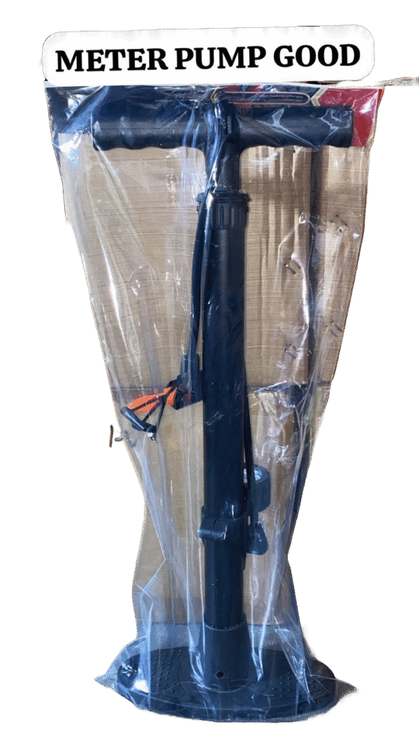 Black floor pump with pressure gauge and wide base, compatible with Presta and Schrader valves