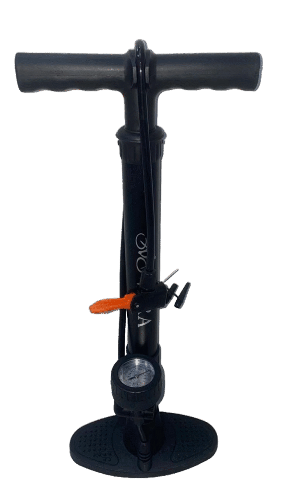 High-performance black floor pump with pressure gauge, Presta and Schrader compatible