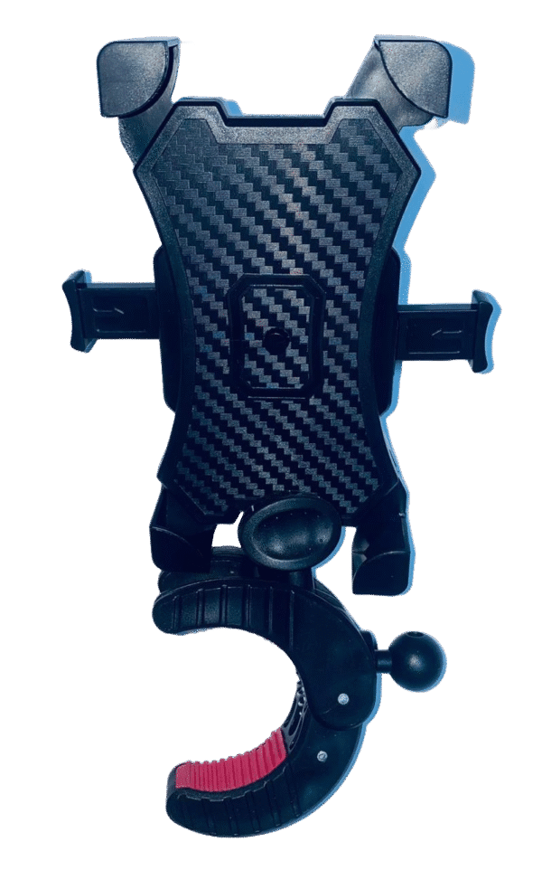 Black phone holder with carbon fiber finish and adjustable arms mounted on a bike