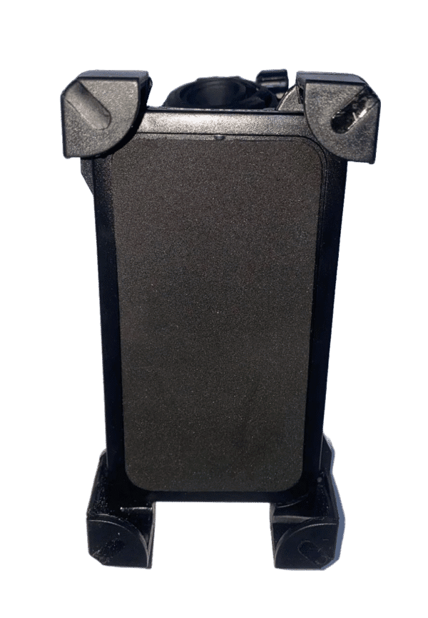 Adjustable black bicycle phone holder securely mounted on handlebars