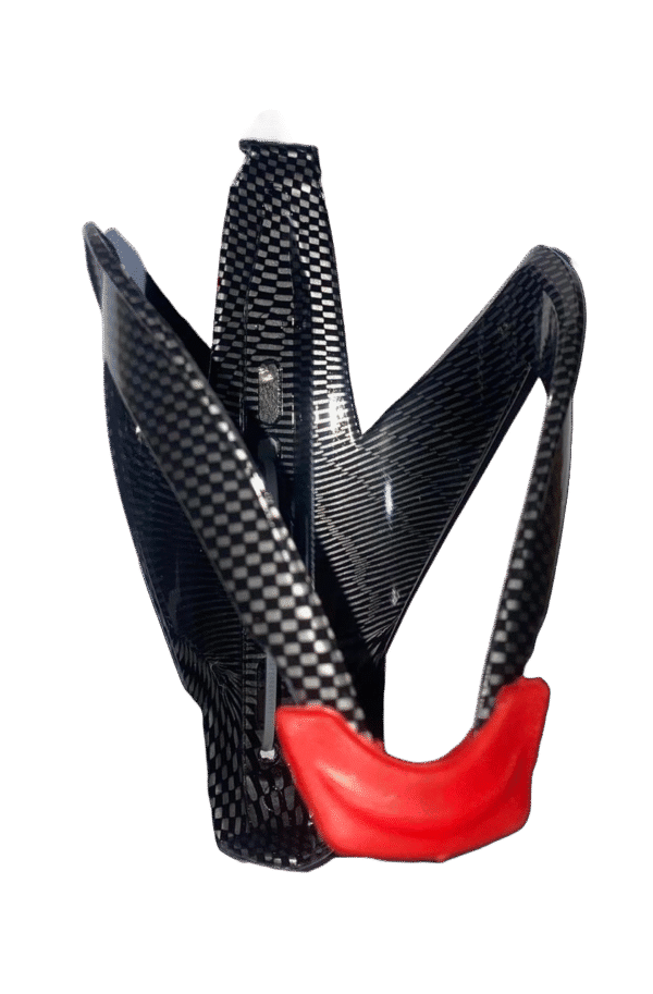 Carbon fiber style bike bottle cage with red highlights