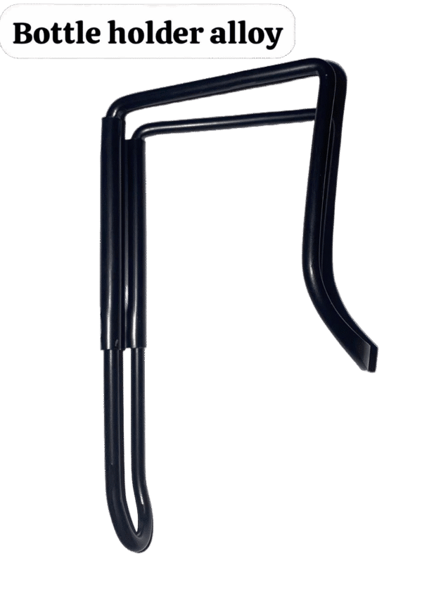 Black alloy bicycle bottle holder cage mounted on bike frame