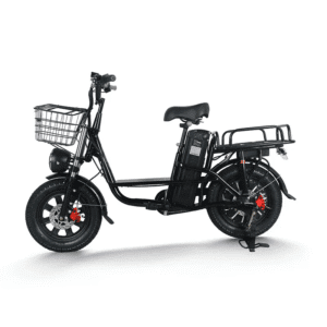 DS-16 Electric Scooter in black with large front basket and rear delivery box