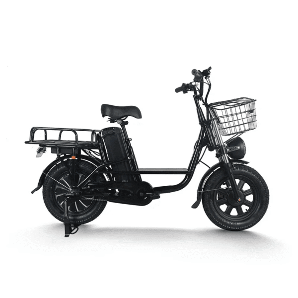 DS-16 Electric Scooter in black with large front basket and rear delivery box