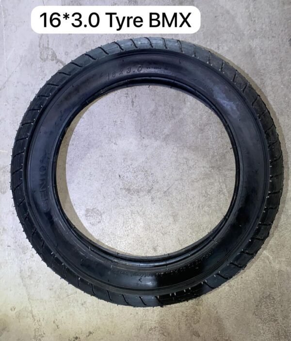 16×3.0 BMX tire with reinforced sidewalls and deep tread for ramps and dirt tracks