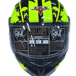 Green full-face motorcycle helmet with sporty design and visor