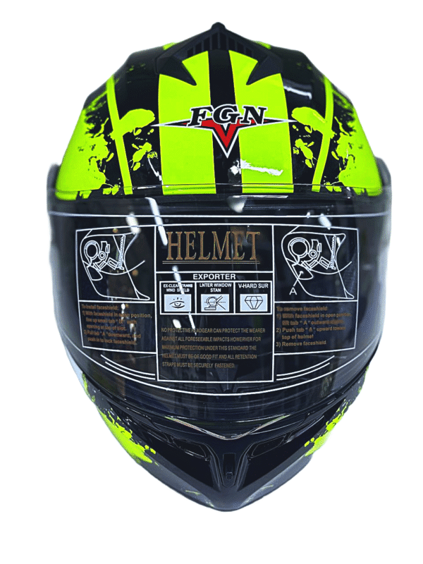 Green full-face motorcycle helmet with sporty design and visor