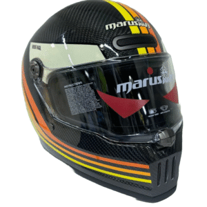 Retro racing-style carbon fiber helmet with orange and yellow stripes