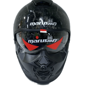 Black full-face motorcycle helmet with Samurai design