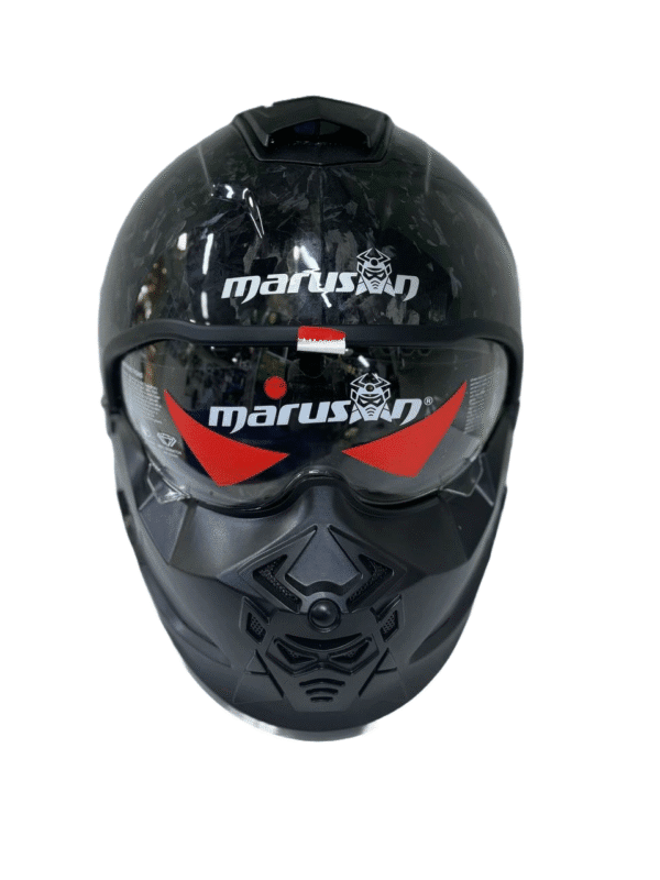 Black full-face motorcycle helmet with Samurai design