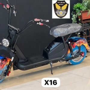 Black X16 electric scooter with flame decals and fat tires