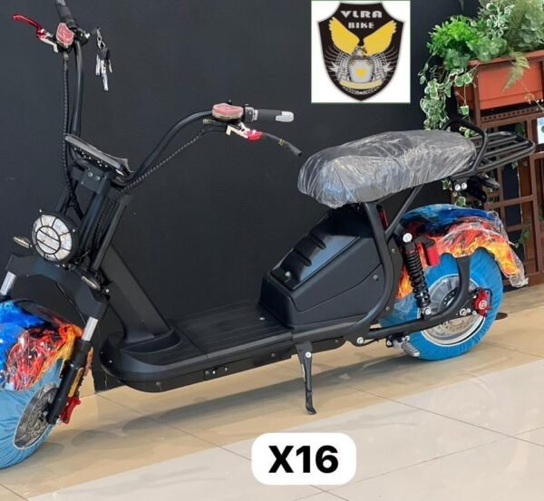 Black X16 electric scooter with flame decals and fat tires