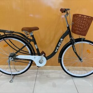 Black VLRA 2608-26 women’s 26-inch city bike with dual baskets, 1-speed, front suspension, and rim brakes