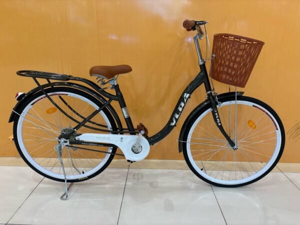 Black VLRA 2608-26 women’s 26-inch city bike with dual baskets, 1-speed, front suspension, and rim brakes