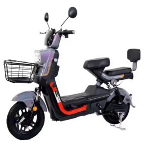 DS-XBW Electric Scooter in dark grey with orange accents, featuring a front basket, two-person seat, and blue LED lights, by Vlra Bike.