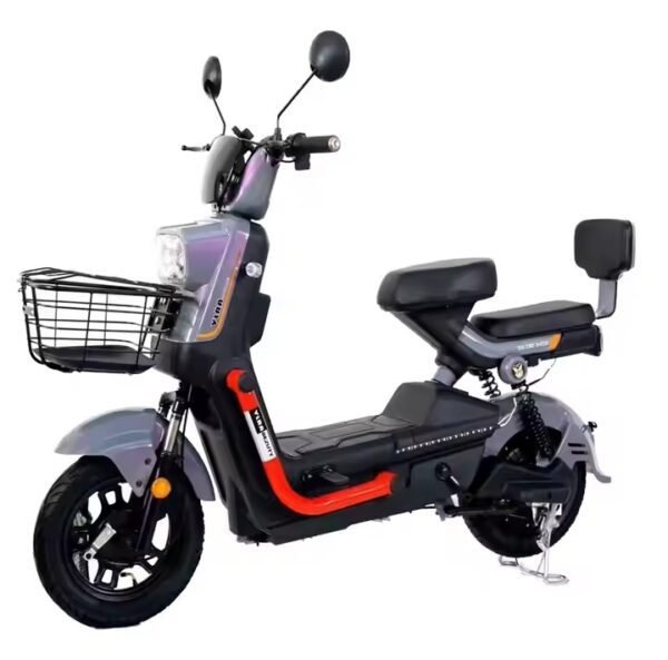 DS-XBW Electric Scooter in dark grey with orange accents, featuring a front basket, two-person seat, and blue LED lights, by Vlra Bike.